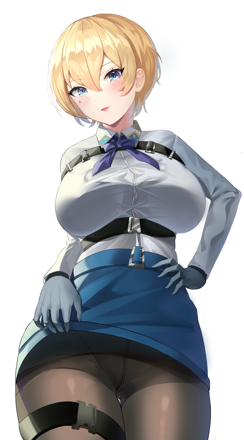 1girl ass_visible_through_thighs bangs belt black_gloves black_legwear blonde_hair blue_belt blue_eyes blue_neckwear blue_skirt blush breasts button_gap collared_shirt commentary cowboy_shot eyebrows_visible_through_hair girls_frontline gloves hair_between_eyes hair_ornament hand_on_hip highres large_breasts lifted_by_self long_sleeves looking_at_viewer manu_(pixiv41646715) miniskirt mole mole_under_eye neckerchief no_jacket pantyhose parted_lips shirt shirt_tucked_in short_hair sidelocks simple_background skirt skirt_lift smile snap-fit_buckle solo standing thigh_gap thigh_pouch thighband_pantyhose vsk-94_(girls_frontline) white_background white_shirt