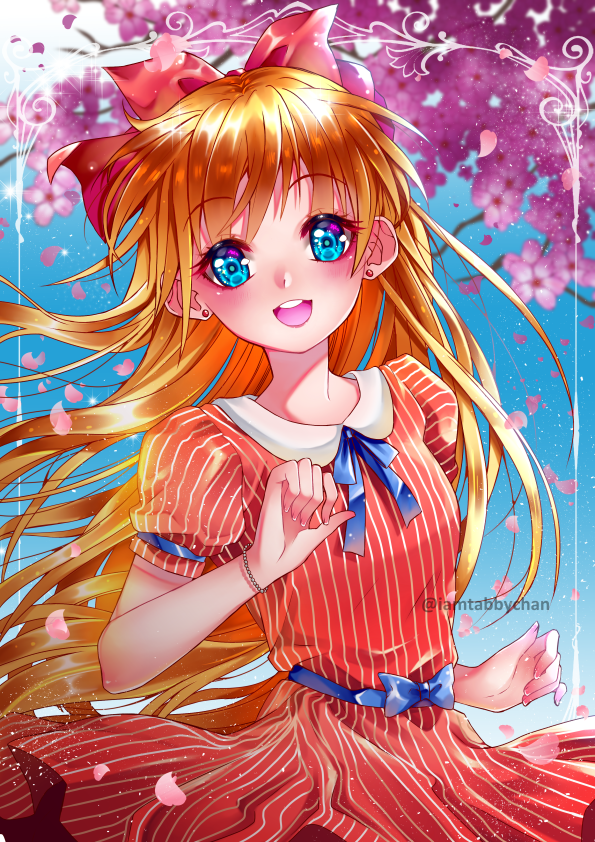 1girl :d aino_minako bangs bishoujo_senshi_sailor_moon blonde_hair blue_bow blue_eyes blue_ribbon blurry blurry_background bow dress earrings eyebrows_visible_through_hair floating_hair hair_between_eyes hair_bow jewelry long_hair looking_at_viewer neck_ribbon open_mouth red_bow red_dress ribbon shiny shiny_hair short_sleeves smile solo spring_(season) standing striped tabby_chan twitter_username vertical-striped_dress vertical_stripes very_long_hair