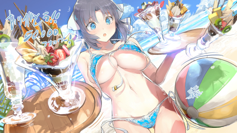 1girl ball beach beachball bikini blue_bikini blue_eyes blue_hair bow breasts commentary_request day food hair_bow large_breasts navel open_mouth senran_kagura short_hair solo stomach surprised swimsuit wardrobe_malfunction water white_bow yaegashi_nan yumi_(senran_kagura)