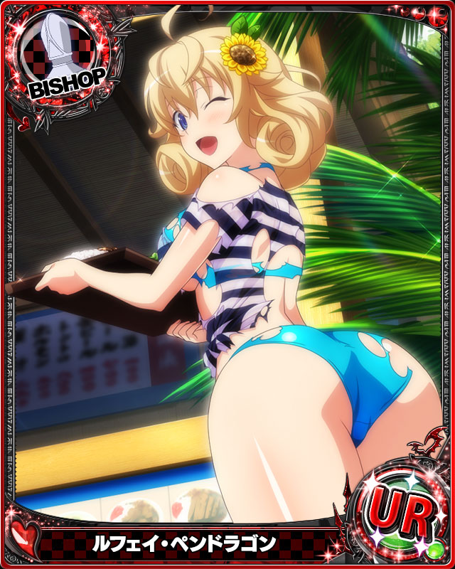 1girl ass bikini bishop_(chess) blonde_hair blue_eyes breasts card_(medium) character_name chess_piece high_school_dxd le_fay_pendragon looking_at_viewer medium_breasts official_art one_eye_closed open_mouth smile solo source_request swimsuit thigh-highs torn_bikini torn_clothes trading_card