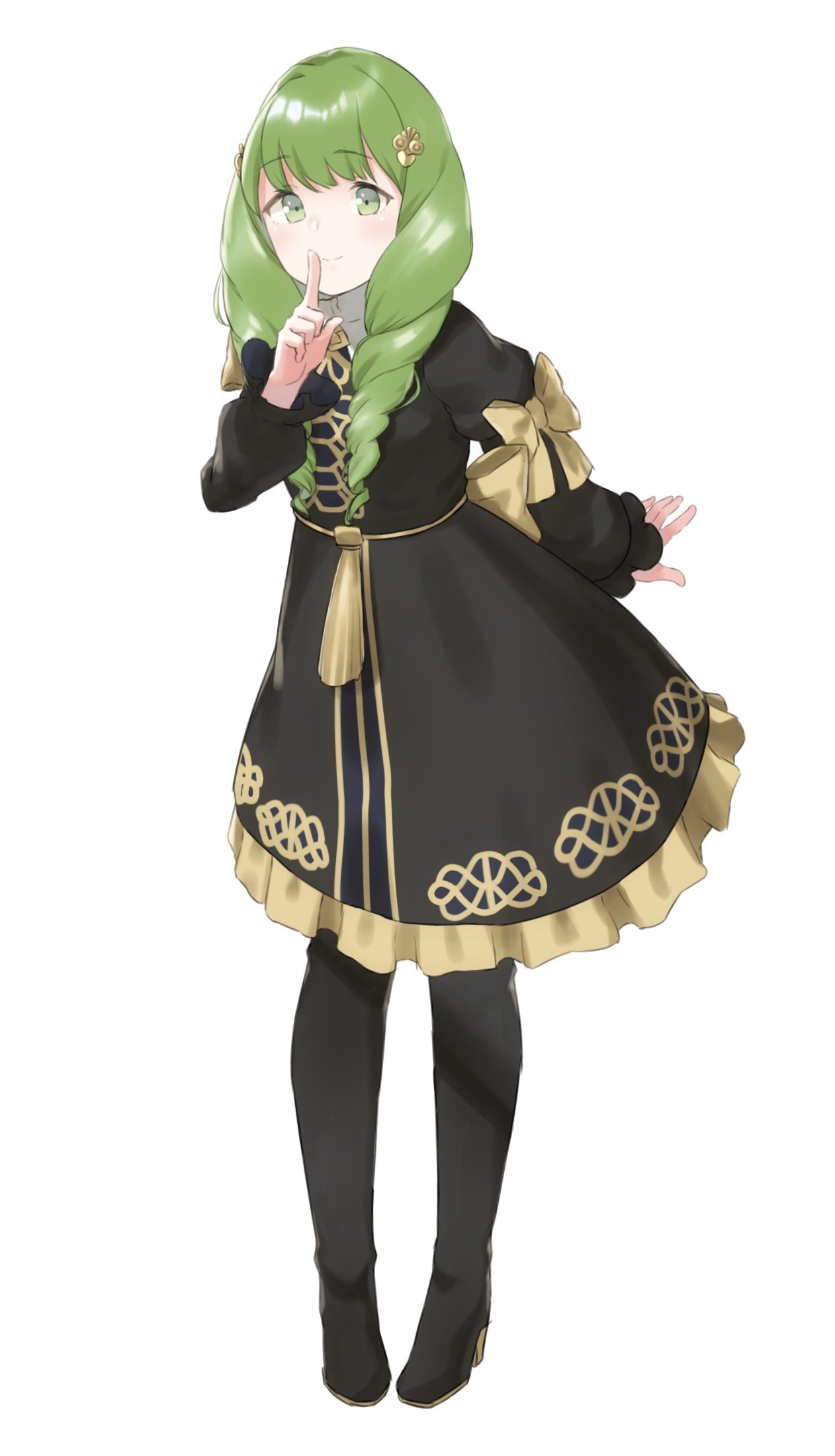 1girl boots bow closed_mouth cute fire_emblem fire_emblem:_three_houses fire_emblem:_three_houses fire_emblem_16 flayn_(fire_emblem) full_body garreg_mach_monastery_uniform green_eyes green_hair high_heel_boots high_heels highres intelligent_systems loli long_hair long_sleeves nintendo ruis_bacon simple_background smile solo uniform white_background