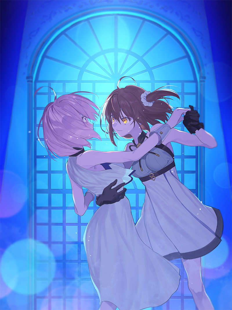 2girls ahoge akira_(akira_arika_d) arm_around_waist black_gloves dancing dress fate/grand_order fate_(series) formal fujimaru_ritsuka_(female) gloves hair_ornament hair_over_one_eye hair_scrunchie holding_hands looking_at_another mash_kyrielight multiple_girls one_side_up orange_eyes orange_hair purple_hair scrunchie short_hair side_ponytail smile violet_eyes waltz_(dance) yuri