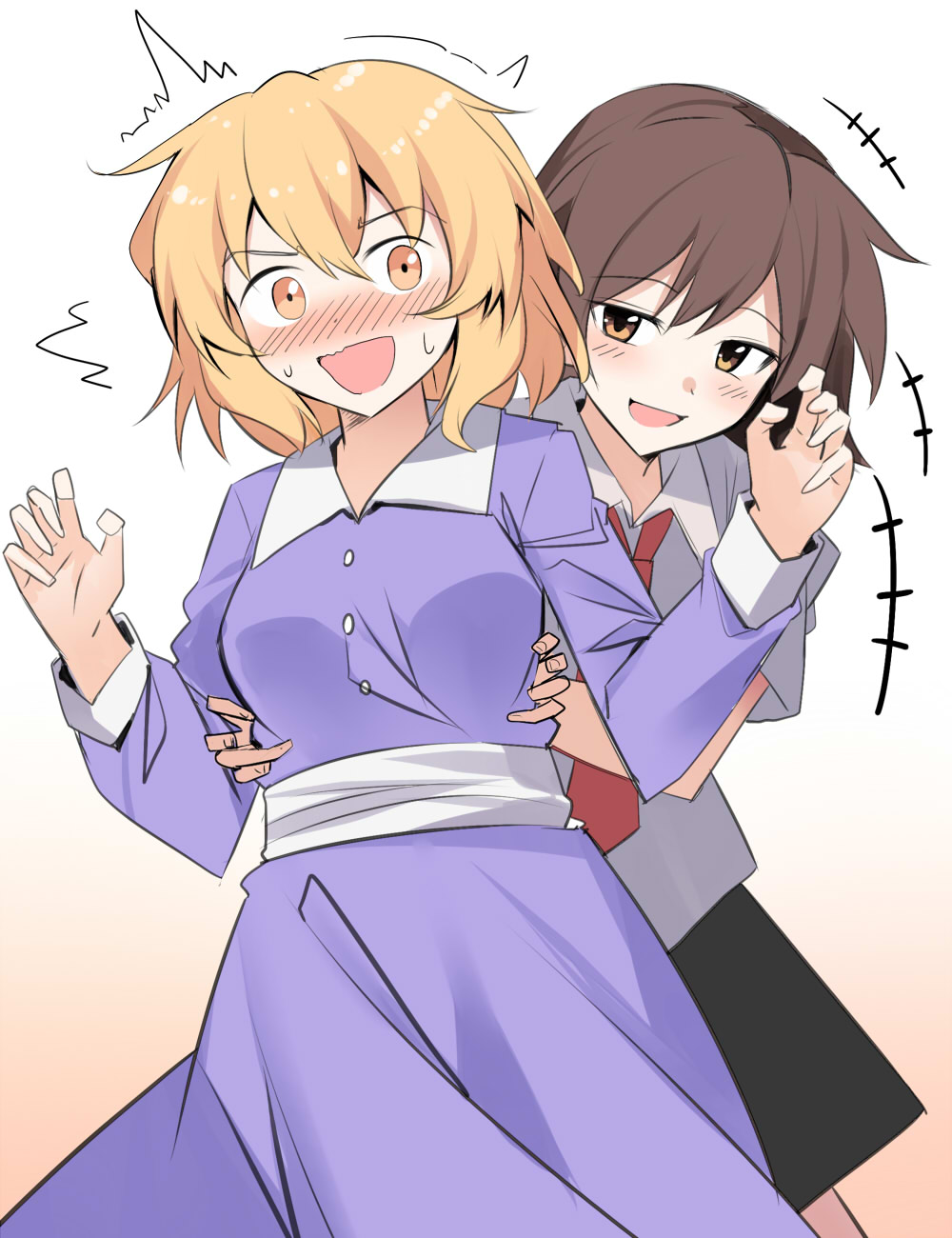 2girls bangs behind_another black_skirt blonde_hair blush brown_hair cowboy_shot dress e.o. gradient gradient_background highres long_hair long_sleeves maribel_hearn multiple_girls necktie no_hat no_headwear open_mouth purple_dress red_neckwear shirt short_hair short_sleeves skirt smile tickling touhou usami_renko white_shirt yellow_eyes