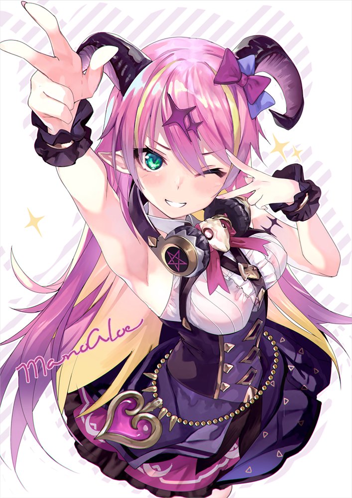 1girl ;) arm_up armpits asymmetrical_horns bare_shoulders blonde_hair blush breasts demon_horns eyebrows_visible_through_hair green_eyes hair_between_eyes hair_ornament headphones headphones_around_neck hololive horns long_hair looking_at_viewer mano_aloe multicolored_hair one_eye_closed pink_hair pointy_ears shirokitsune smile two-tone_hair virtual_youtuber w wrist_cuffs