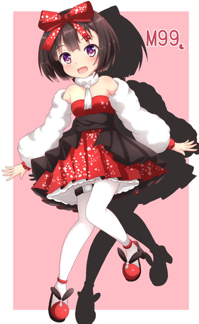1girl :d bangs bare_shoulders black_hair blush bow breasts character_name commentary_request detached_sleeves dress drop_shadow eyebrows_visible_through_hair full_body girls_frontline hair_bow heart long_sleeves looking_at_viewer m99_(girls_frontline) medium_breasts open_mouth pantyhose pink_background puffy_long_sleeves puffy_sleeves red_bow red_dress red_footwear shiruzu_(sills_ud) shoes short_hair smile solo strapless strapless_dress two-tone_background violet_eyes white_background white_legwear white_sleeves