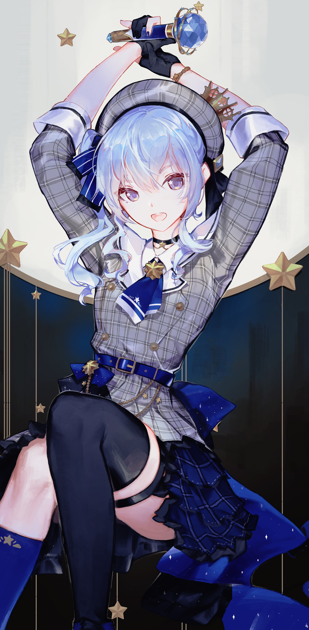 1girl bangs belt beret black_gloves blue_eyes blue_hair bracelet choker gloves hair_between_eyes hat highres holding holding_microphone hololive hoshimachi_suisei jewelry looking_at_viewer microphone open_mouth plaid_headwear plaid_jacket saimon_ma side_ponytail single_thighhigh solo star_(symbol) star_in_eye symbol_in_eye thigh-highs virtual_youtuber