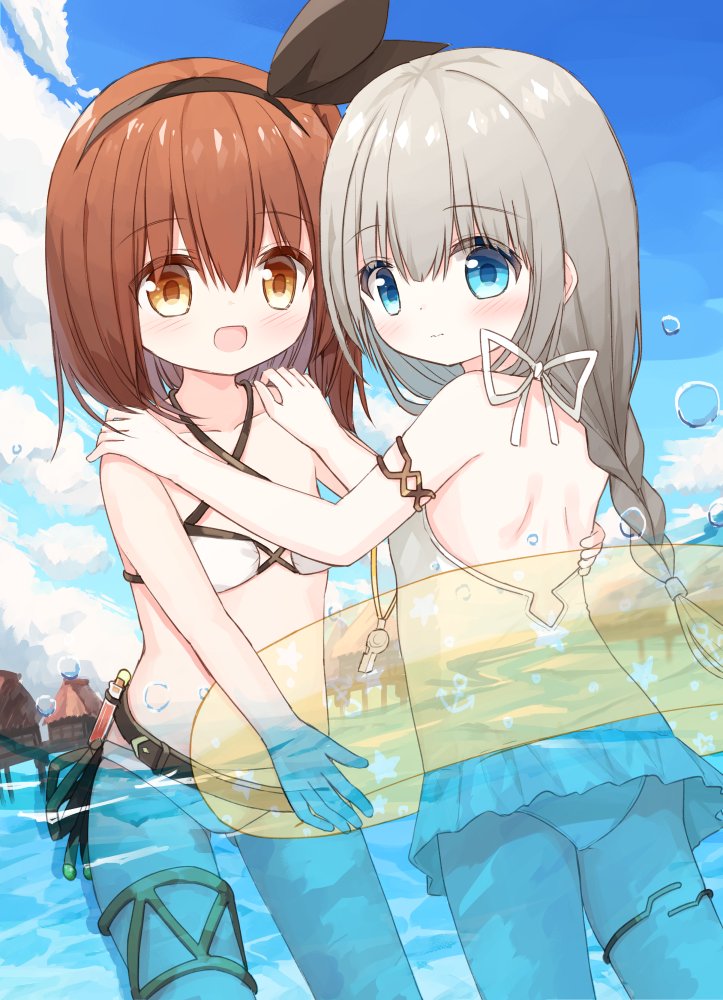 2girls :d ass bare_arms bare_shoulders bikini black_hairband black_ribbon blue_eyes blush braid brown_eyes brown_hair closed_mouth commentary_request criss-cross_halter day frilled_swimsuit frills grey_hair hair_ribbon hairband halterneck hands_on_another's_shoulders healer_girl_(yuuhagi_(amaretto-no-natsu)) innertube long_hair lucena_winter multiple_girls one-piece_swimsuit open_mouth original outdoors ribbon smile swimsuit transparent very_long_hair water wavy_mouth white_bikini white_swimsuit yuuhagi_(amaretto-no-natsu)