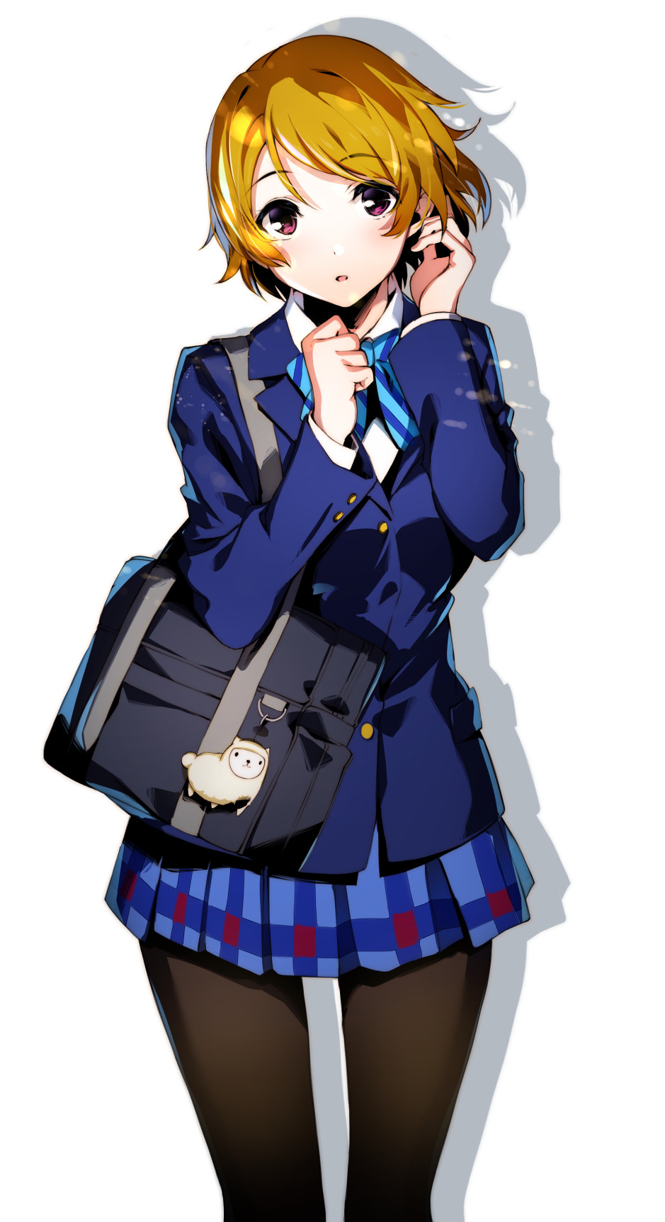 1girl bangs black_legwear blonde_hair blue_jacket blue_neckwear blue_skirt bow bowtie eyebrows_visible_through_hair hair_between_eyes highres jacket koizumi_hanayo long_sleeves looking_at_viewer love_live! love_live!_school_idol_project miniskirt nakano_maru open_mouth otonokizaka_school_uniform panties pantyshot plaid plaid_skirt pleated_skirt red_eyes school_uniform shadow shiny shiny_hair short_hair simple_background skirt solo standing striped striped_bow striped_neckwear swept_bangs underwear white_background