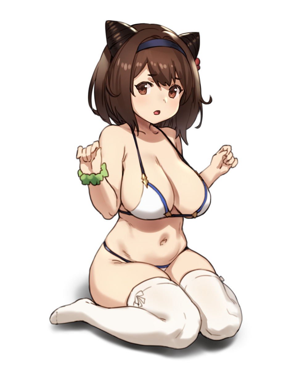 1girl :o bangs bra breasts brown_eyes brown_hair cat_paws draph eyebrows eyebrows_behind_hair granblue_fantasy highres houtengeki large_breasts lingerie navel panties paws thigh-highs underwear white_background white_bra white_legwear white_panties yaia_(granblue_fantasy)