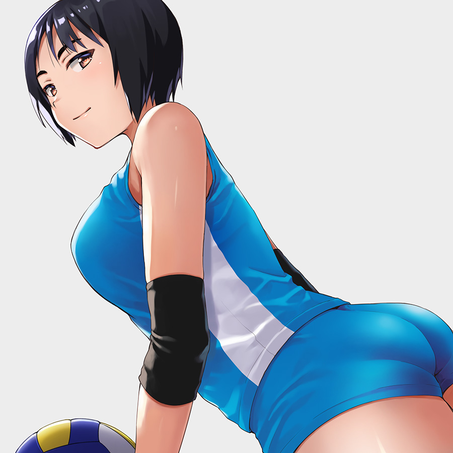 1girl ass black_hair breasts buruma dutch_angle elbow_pads hashi large_breasts light_smile orange_eyes original short_hair simple_background solo sportswear volleyball volleyball_uniform