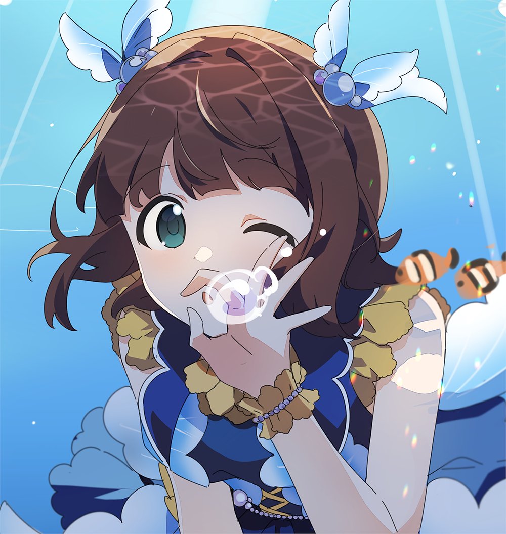 1girl :o amami_haruka ap_bar bracelet brown_hair bubble_blowing clownfish dress frilled_dress frilled_neckwear frilled_sleeves frills green_eyes hair_ornament idolmaster idolmaster_(classic) jewelry ok_sign one_eye_closed open_mouth short_hair short_sleeves solo underwater
