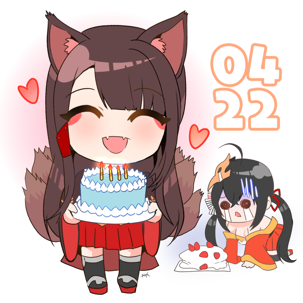 2girls :d ^_^ ^o^ akagi_(azur_lane) all_fours animal_ears aye azur_lane bare_shoulders bird_mask birthday_cake black_legwear bow brown_hair cake candle carrying chibi closed_eyes crying crying_with_eyes_open dated eyeshadow food fox_ears fox_girl fox_tail gloom_(expression) gradient gradient_background hair_bow hair_ornament hair_ribbon hairclip heart kyuubi long_hair looking_at_viewer makeup mask mask_on_head multiple_girls multiple_tails off-shoulder_kimono off_shoulder open_mouth pleated_skirt ribbon signature simple_background skirt smile strawberry_cake streaming_tears taihou_(azur_lane) tail tears thigh-highs twintails wide_sleeves zettai_ryouiki