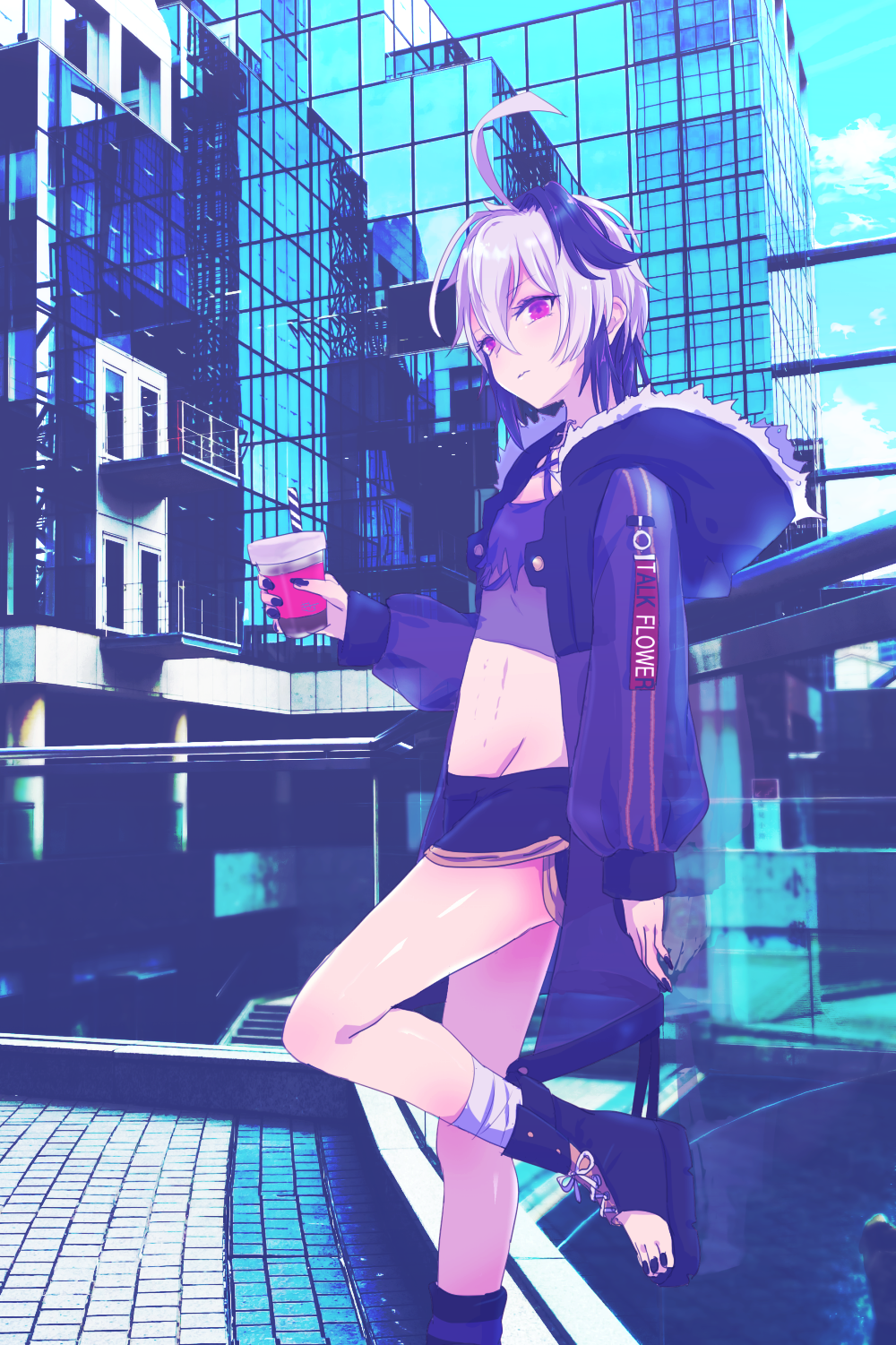1girl androgynous bandaged_leg bandages bike_shorts black_pants building commentary crop_top cup flat_chest flower_(vocaloid) fur-trimmed_hood fur_trim gynoid_talk highres holding holding_cup hood hooded_jacket jacket kisalaundry leaning_back leg_up looking_at_viewer midriff multicolored_hair nail_polish open_toe_shoes osaka_(city) pants photo_background purple_hair purple_jacket purple_nails see-through short_hair solo streaked_hair v_flower_(gynoid_talk) v_flower_(vocaloid4) violet_eyes vocaloid white_hair