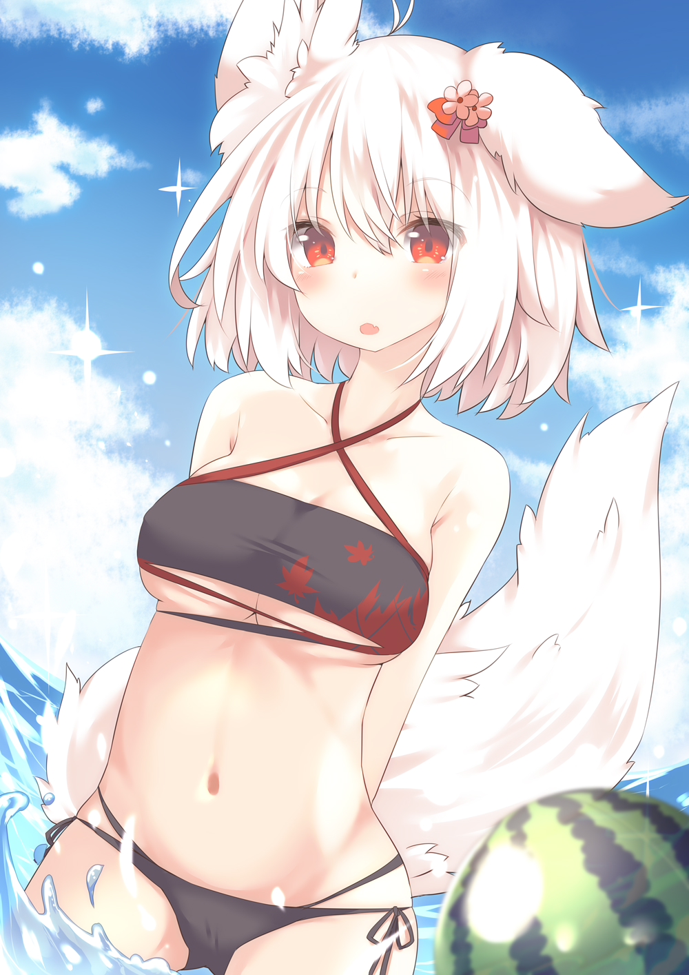 1girl :o animal_ears arms_behind_back bikini black_bikini blue_sky blush breasts clouds commentary_request daidai_ookami day eyebrows_visible_through_hair food fruit highres inubashiri_momiji looking_at_viewer medium_breasts navel no_headwear outdoors red_eyes short_hair side-tie_bikini sky solo swimsuit tail touhou water watermelon white_hair wolf_ears wolf_tail
