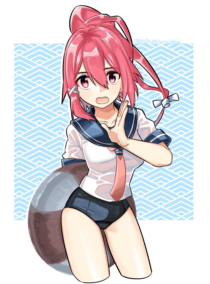 1girl blue_sailor_collar blue_swimsuit collarbone commentary_request contrapposto cropped_legs hair_ribbon i-168_(kantai_collection) kantai_collection lifebuoy long_hair looking_at_viewer necktie ponytail red_eyes red_neckwear redhead ribbon sagamiso sailor_collar sailor_shirt school_swimsuit school_uniform serafuku shirt solo swimsuit two-tone_background