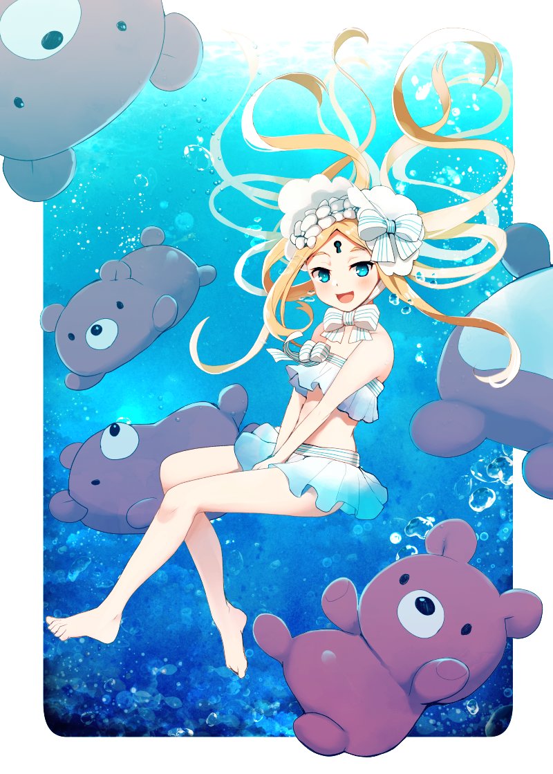 1girl abigail_williams_(fate/grand_order) abigail_williams_(swimsuit) bangs bare_shoulders bikini blonde_hair blue_eyes blush bonnet bow breasts fate/grand_order fate_(series) forehead hair_bow keyhole kujiran legs long_hair looking_at_viewer navel open_mouth parted_bangs sidelocks small_breasts smile stuffed_animal stuffed_toy swimming swimsuit teddy_bear underwater white_bikini white_bow white_headwear