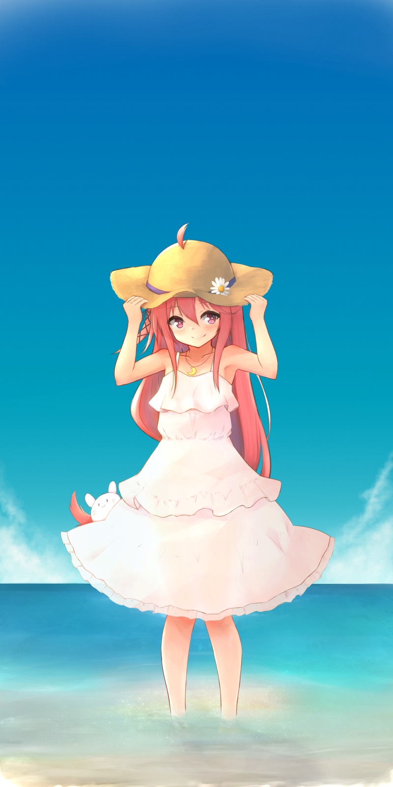 1girl ahoge blue_sky blush bunny_hair_ornament centi_mnkt closed_mouth clouds crescent_necklace dress eyebrows_visible_through_hair flower hair_between_eyes hair_ornament hair_through_headwear hat highres jewelry kantai_collection long_hair looking_to_the_side necklace outdoors pink_eyes redhead sky sleeveless sleeveless_dress smile solo standing straw_hat sundress uzuki_(kantai_collection) very_long_hair white_dress
