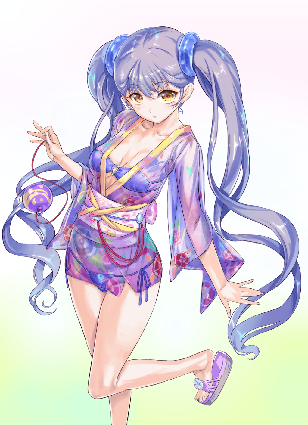 1girl bikini blue_bikini blue_hair breasts floral_print gradient gradient_background hair_ornament highres hoshino_ruri japanese_clothes kidou_senkan_nadesico kimono kiyama_satoshi leg_lift long_hair looking_at_viewer medium_breasts obi sash see-through short_kimono short_yukata side-tie_bikini solo string_bikini swimsuit twintails very_long_hair yellow_eyes yukata