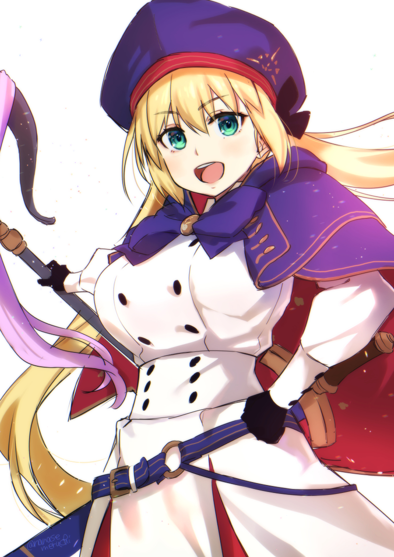 1girl alternate_breast_size artoria_pendragon_(all) artoria_pendragon_(caster) breasts commentary_request eyebrows_visible_through_hair fate/grand_order fate_(series) gloves green_eyes hair_between_eyes hat holding holding_staff large_breasts long_hair long_sleeves looking_at_viewer nanase_meruchi open_mouth sheath sheathed simple_background smile solo staff standing sword teeth tongue upper_body weapon white_background