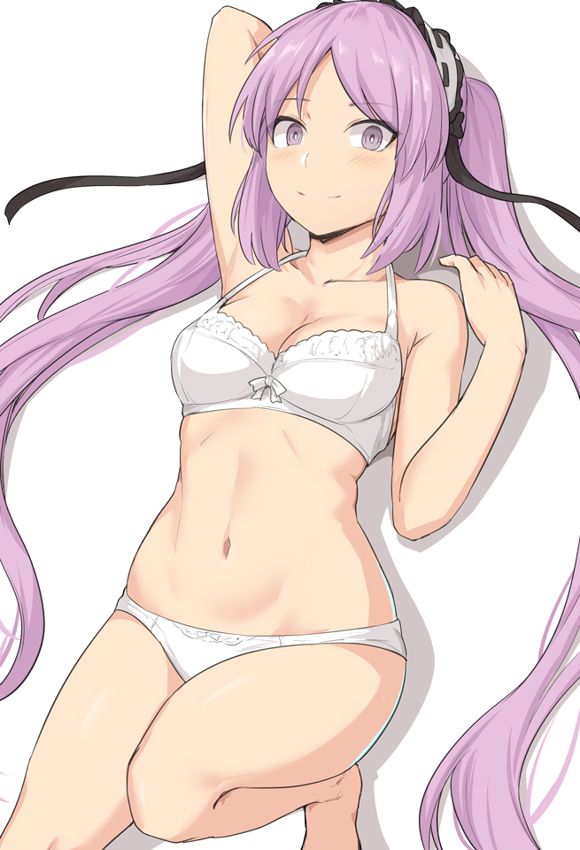 1girl bangs bare_shoulders blush bra breasts collarbone euryale fate/hollow_ataraxia fate_(series) frilled_hairband frills hairband long_hair looking_at_viewer lying navel on_back panties purple_hair shiseki_hirame small_breasts smile thighs twintails underwear violet_eyes white_bra white_panties