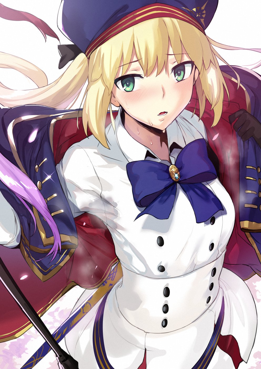 1girl artoria_pendragon_(all) artoria_pendragon_(caster) bangs blonde_hair blush bow bowtie breasts capelet dress eyebrows_visible_through_hair fate/grand_order fate_(series) gloves green_eyes hair_between_eyes hat hews_hack highres holding holding_staff long_hair long_sleeves looking_at_viewer open_mouth pantyhose simple_background solo staff sweat twintails white_background