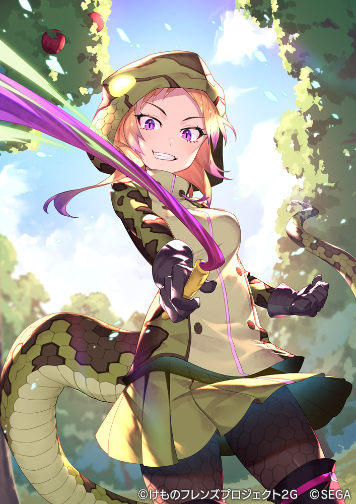 1girl african_rock_python_(kemono_friends) apple backlighting blonde_hair clenched_hand company_name copyright cowboy_shot day drawstring essual_(layer_world) food fruit gloves grin holding holding_whip hood hood_up hooded_jacket incoming_attack jacket kemono_friends long_hair long_sleeves miniskirt multicolored_hair official_art outdoors outstretched_arm pantyhose pleated_skirt purple_hair skirt smile snake_tail solo tail teeth tree two-tone_hair violet_eyes watermark whip whipping_hair zipper
