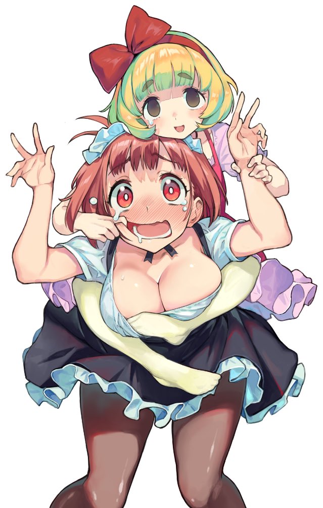 2girls :d alternate_costume bent_over black_skirt blonde_hair bow bow_hairband bright_pupils brown_eyes double_w empty_eyes enmaided eyebrows_visible_through_hair finger_in_another's_mouth green_hair hair_bow hairband hands_up looking_at_viewer maid maid_headdress multicolored_hair multiple_girls nonco open_mouth original puffy_short_sleeves puffy_sleeves red_bow red_eyes redhead shirt short_eyebrows short_hair short_sleeves simple_background skirt smile tears two-tone_hair w white_background white_pupils white_shirt