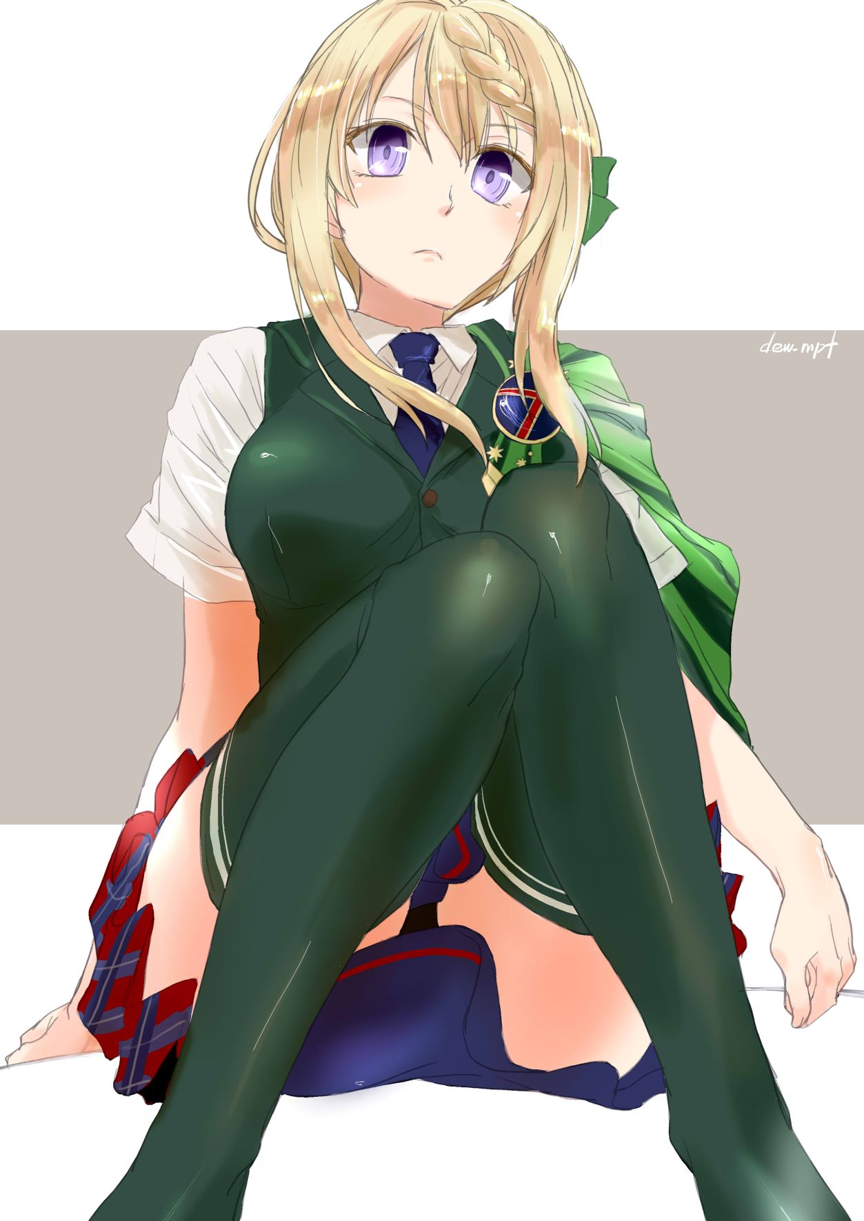 1girl blonde_hair blue_neckwear blue_skirt braid braided_bangs braided_bun dress_shirt feet_out_of_frame green_legwear green_vest highres kantai_collection kote_(dew) looking_at_viewer necktie perth_(kantai_collection) plaid plaid_skirt pleated_skirt school_uniform shirt short_hair short_sleeves sitting skirt solo thigh-highs vest violet_eyes white_shirt