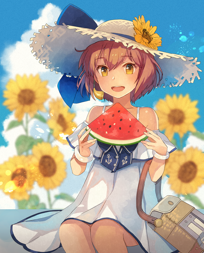 1girl bag blue_sky blurry brown_eyes brown_hair clouds commentary_request cowboy_shot day depth_of_field dress flower food fruit hat kantai_collection kasumi_(skchkko) open_mouth outdoors round_teeth short_hair sitting sky smile solo speaking_tube_headset straw_hat sun_hat sundress sunflower teeth upper_teeth watermelon white_dress yukikaze_(kantai_collection)