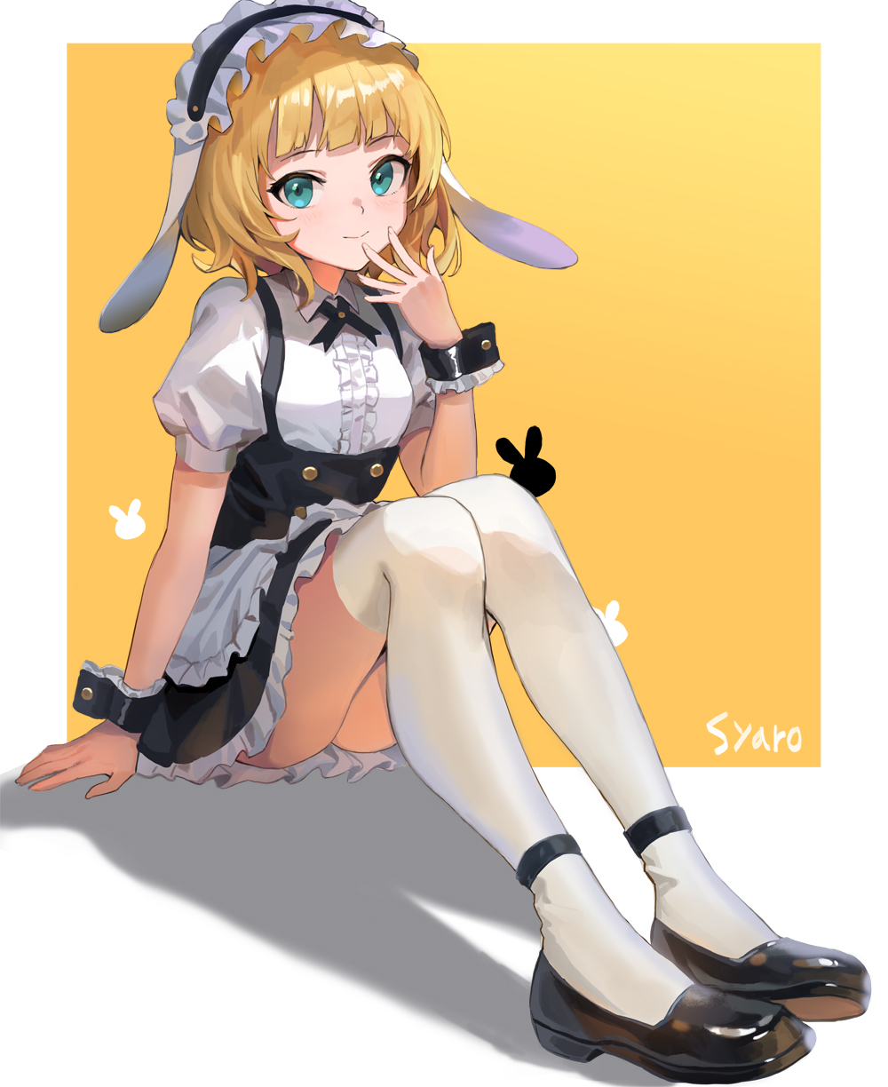 1girl animal_ears apron artist_name ass bangs black_footwear blonde_hair blue_eyes blush breasts center_frills commentary dress fleur_de_lapin_uniform floppy_ears frilled_apron frilled_cuffs frilled_dress frills full_body gochuumon_wa_usagi_desu_ka? green_eyes hand_up highres kirima_sharo knees_up looking_at_viewer maid maid_dress maid_headdress puffy_short_sleeves puffy_sleeves rabbit_ears shadow shoes short_hair short_sleeves simple_background sitting sl86 small_breasts smile solo thigh-highs underbust waist_apron white_apron white_legwear wrist_cuffs yellow_background