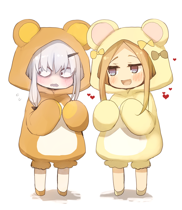 2girls abigail_williams_(fate/grand_order) animal_costume animal_ears bangs bear_costume bear_ears bear_hood blonde_hair blue_eyes blush bow chibi fate/grand_order fate_(series) forehead horns kujiran lavinia_whateley_(fate/grand_order) long_hair looking_to_the_side multiple_girls onesie open_mouth parted_bangs simple_background single_horn smile violet_eyes wavy_mouth white_background white_hair wide-eyed yellow_bow