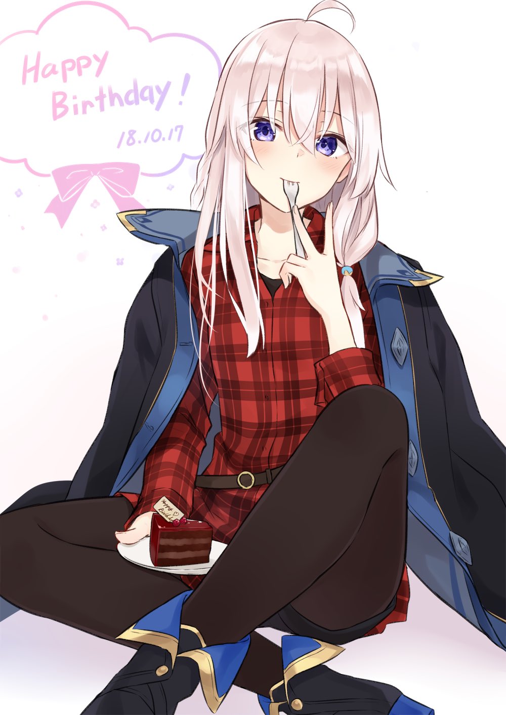 ahoge azuuru birthday birthday_cake black_legwear black_robe boots cake checkered checkered_shirt eating elaina_(majo_no_tabitabi) food highres long_sleeves looking_at_viewer majo_no_tabitabi red_shirt robe shirt simple_background v violet_eyes white_hair