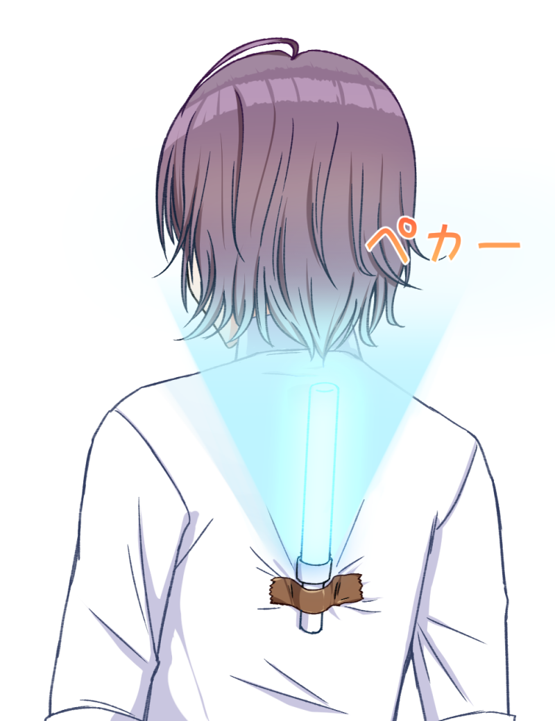 1girl ahoge asakura_tooru brown_hair commentary_request from_behind idolmaster idolmaster_shiny_colors justice/ryo penlight school_uniform shirt short_hair solo tape translation_request upper_body white_shirt