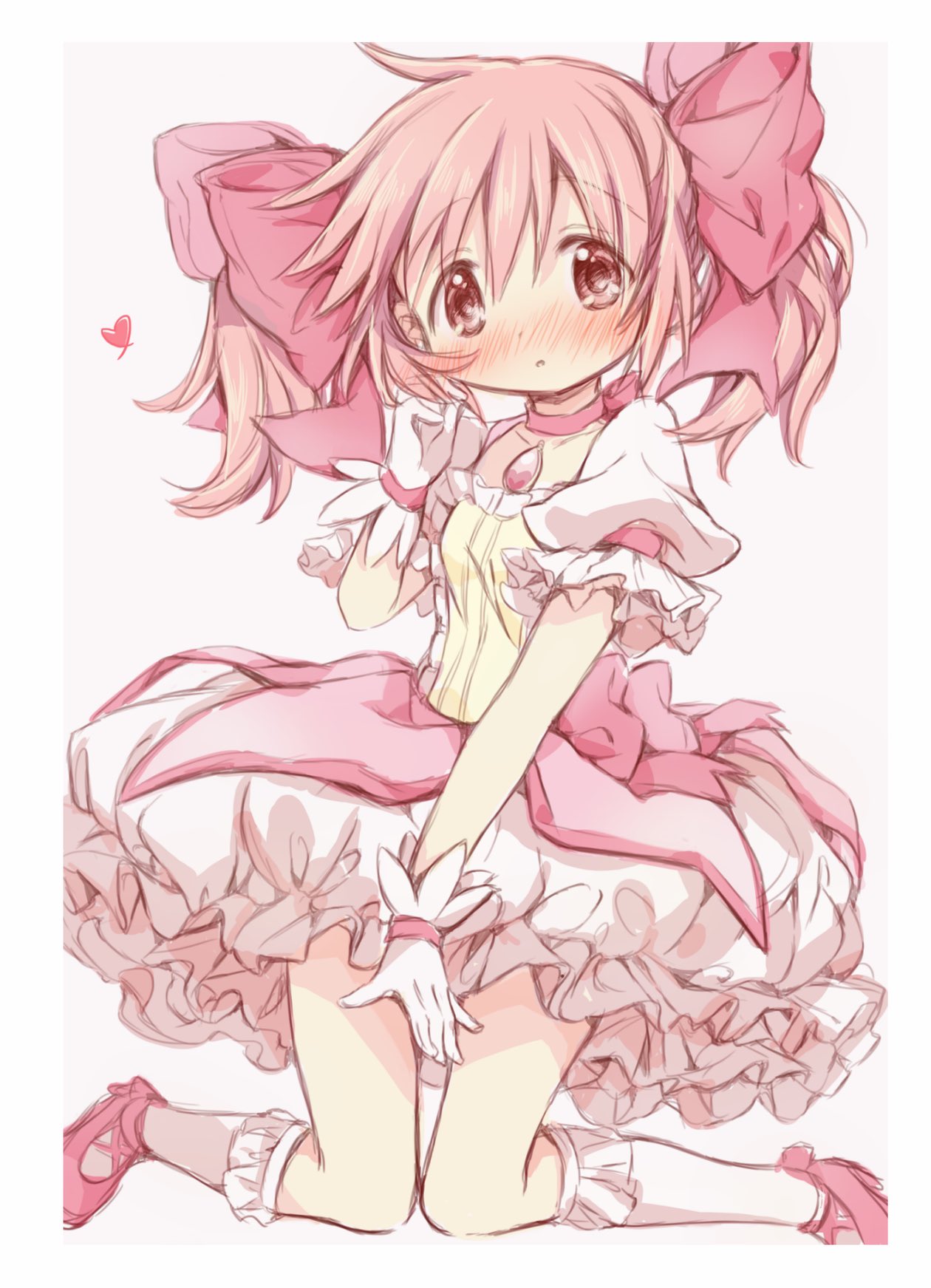 1girl :o beige_background blush border bubble_skirt choker collarbone dot_nose expressionless eyebrows_visible_through_hair feet_out_of_frame flat_chest frilled_skirt frilled_sleeves frills gloves hair_between_eyes hair_ribbon hand_up head_tilt heart highres hitode kaname_madoka knees_together_feet_apart mahou_shoujo_madoka_magica pink_choker pink_eyes pink_hair pink_neckwear pink_ribbon pink_theme puffy_short_sleeves puffy_sleeves ribbon short_sleeves short_twintails simple_background skirt solo soul_gem tareme twintails white_border white_gloves white_skirt