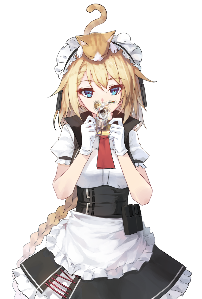 animal_on_head apron bangs black_skirt blonde_hair blue_eyes braid cat cat_on_head cowboy_shot eyebrows_visible_through_hair g36_(girls_frontline) girls_frontline gloves hands_up long_hair looking_at_viewer maid_headdress mixed-language_commentary on_head pouch puffy_short_sleeves puffy_sleeves red_neckwear shirt short_sleeves skirt standing vikpie white_gloves white_shirt