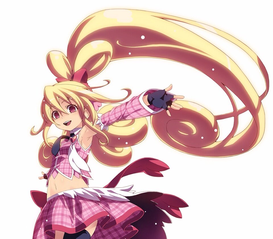 1girl :d aida_mana armpits big_hair black_gloves black_legwear black_neckwear blonde_hair bow cure_heart curly_hair detached_sleeves dokidoki!_precure fingerless_gloves gloves hair_bow long_hair looking_at_viewer necktie open_mouth outstretched_arms pink_skirt ponytail precure red_bow red_eyes simple_background skirt smile solo spread_arms tasaka_shinnosuke thigh-highs upper_teeth very_long_hair vest white_background