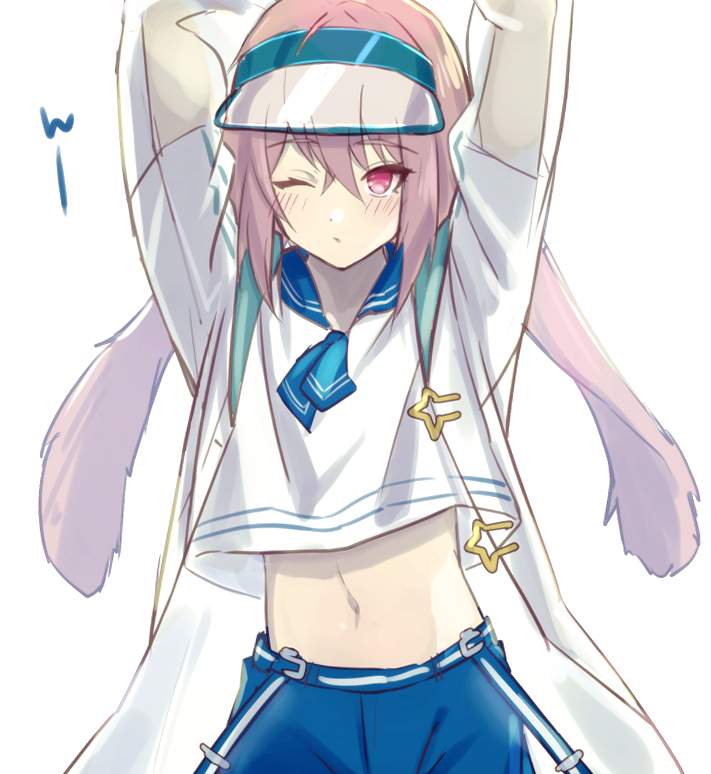 1boy animal_ears ansel_(arknights) arknights arms_up blue_neckwear blue_sailor_collar blue_shorts blush commentary_request dress eyebrows_visible_through_hair hair_between_eyes jacket looking_at_viewer male_focus midriff navel necktie one_eye_closed otoko_no_ko pink_eyes pink_hair rabbit_ears sailor_collar sailor_dress see-through_sleeves shirt shorts simple_background solo visor_cap white_background white_shirt yoruhachi