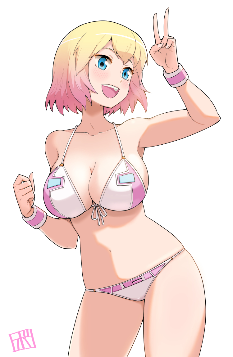1girl :d bangs bare_shoulders bikini blonde_hair blue_eyes blush bowieknife breasts front-tie_top gradient_hair gwen_poole large_breasts looking_at_viewer marvel multicolored_hair open_mouth pink_hair short_hair simple_background smile solo swimsuit two-tone_hair v wristband