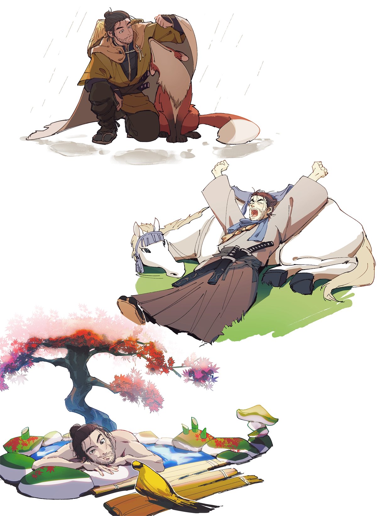 1boy animal arm_up armor arms_up bathing bird black_hair blue_scarf brown_cape cape cape_lift chorion0811 clenched_hands closed_eyes closed_mouth english_commentary facial_hair fox ghost_of_tsushima grey_hakama hair_bun hakama hat highres horse japanese_armor japanese_clothes jin_(ghost_of_tsushima) katana kote looking_at_another lying male_focus maple_tree messy_hair ninjatou obi one_knee onsen partially_submerged rain resting sash scarf sheath sheathed shirtless short_hair short_sword simple_background stone straw_hat stubble sword tree variations water weapon white_background white_horse yawning