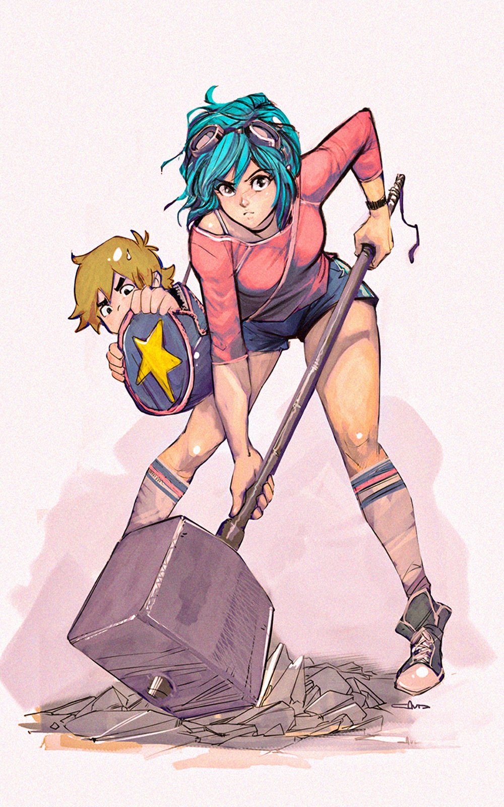 1boy 1girl aqua_hair bag bent_over between_breasts breasts brown_hair commentary david_liu duffel_bag english_commentary full_body goggles goggles_on_head ground_shatter highres holding holding_weapon huge_weapon kneehighs long_legs looking_at_viewer medium_hair miniboy ramona_v_flowers revision scott_pilgrim scott_w_pilgrim shoes short_shorts shorts small_breasts sneakers solo_focus strap_between_breasts sweatdrop war_hammer weapon wristband