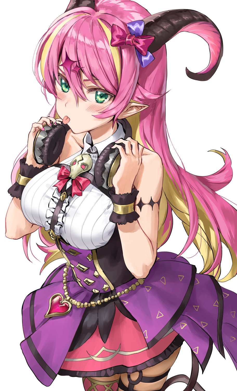 1girl athenawyrm blonde_hair blush bow breasts colored_inner_hair commentary cowboy_shot demon_horns demon_tail green_eyes hair_between_eyes hair_bow headphones headphones_around_neck heart_pendant highres hololive horns long_hair looking_at_viewer mano_aloe medium_breasts multicolored_hair pink_hair pointy_ears purple_skirt shirt simple_background skindentation skirt sleeveless solo streaked_hair tail thighs tongue tongue_out two-tone_hair virtual_youtuber white_background white_shirt wing_collar wrist_cuffs