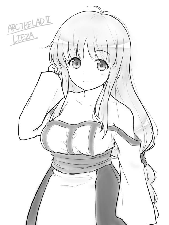 1girl bare_shoulders braid breasts closed_mouth collarbone dress kiikii_(kitsukedokoro) lieza long_hair looking_at_viewer low-tied_long_hair monochrome simple_background smile solo very_long_hair white_background