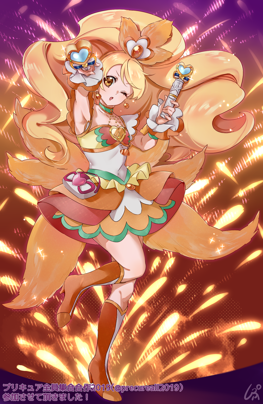1girl armpits blonde_hair boots brown_eyes choker collarbone covered_navel cure_honey full_body green_choker happinesscharge_precure! high_heel_boots high_heels high_ponytail highres holding layered_skirt long_hair looking_at_viewer miniskirt one_eye_closed open_mouth orange_footwear orange_skirt outstretched_arm precure shiny shiny_hair shipu_(gassyumaron) skirt sleeveless solo standing standing_on_one_leg very_long_hair