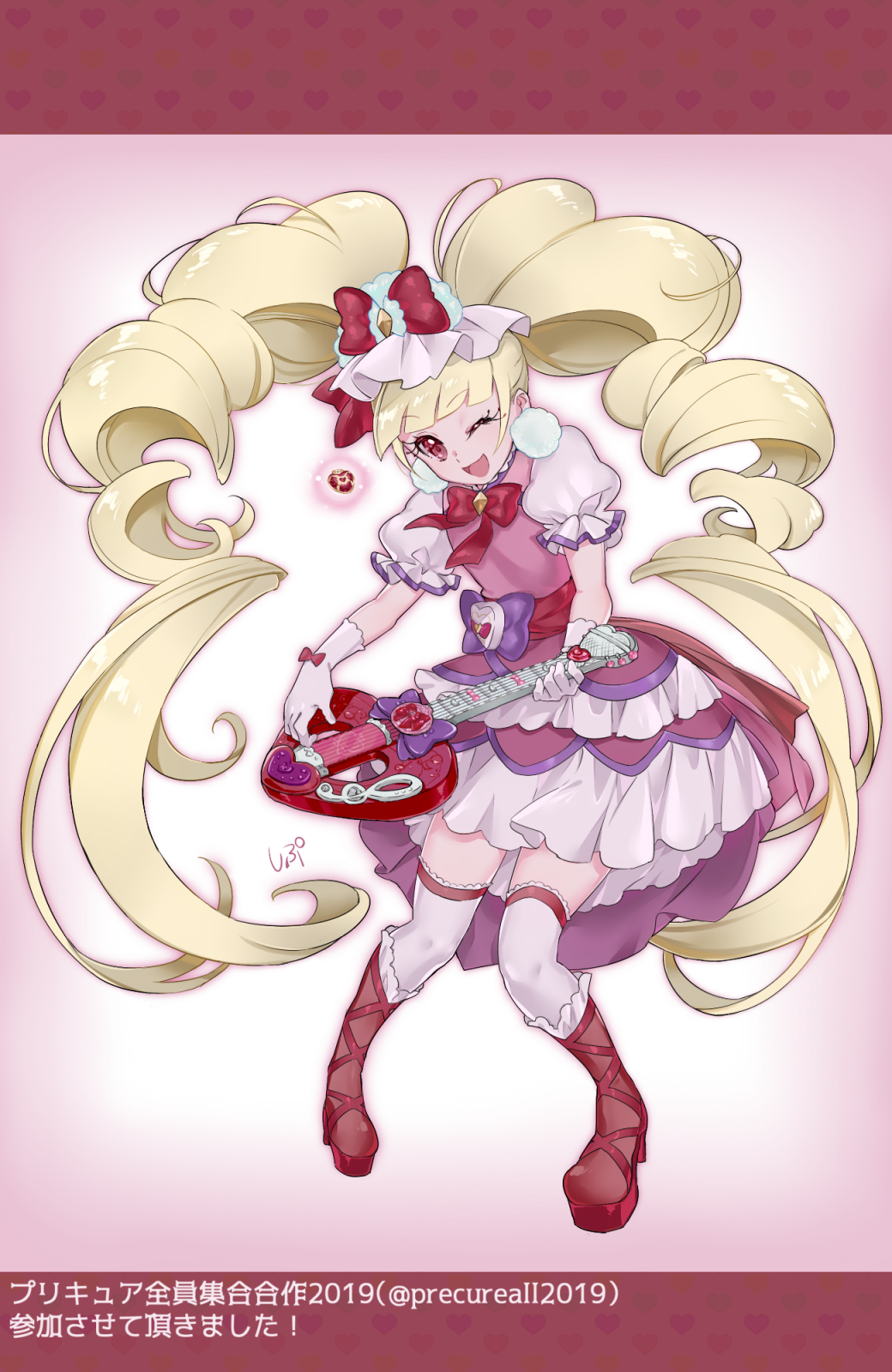 1girl ;d blonde_hair boots bow bowtie cure_macherie dress earrings floating_hair frilled_boots frills full_body hair_bow highres holding holding_instrument hugtto!_precure instrument jewelry layered_dress long_hair makeup mascara medium_dress one_eye_closed open_mouth precure red_bow red_eyes red_footwear red_neckwear shiny shiny_hair shipu_(gassyumaron) short_sleeves smile solo thigh-highs very_long_hair white_legwear white_sleeves