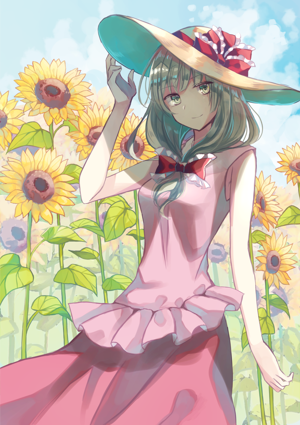 alternate_costume alternate_headwear arm_at_side arm_up bangs bare_arms blue_sky blurry blurry_background breasts clouds commentary_request cowboy_shot day eyebrows_visible_through_hair field flower flower_field front_ponytail green_eyes green_hair hair_ribbon hand_on_headwear hat hat_ribbon highres kagiyama_hina long_hair looking_at_viewer miyakure outdoors partial_commentary pink_shirt red_skirt ribbon shirt skirt sky sleeveless sleeveless_shirt small_breasts smile standing summer sun_hat sunflower touhou
