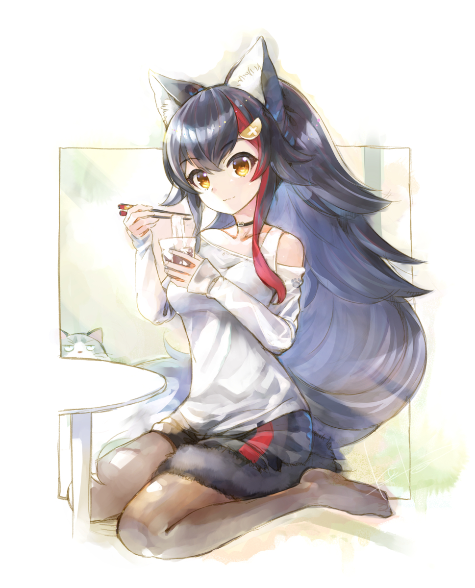 1girl animal_ear_fluff animal_ears black_hair black_legwear black_shorts border breasts cat chopsticks closed_mouth commentary eating eyebrows_visible_through_hair food full_body hair_ornament highres hololive kei_(keigarou) long_hair long_sleeves looking_at_viewer medium_breasts multicolored_hair noodles ookami_mio orange_eyes outside_border pantyhose redhead shirt short_shorts shorts shoulder_cutout simple_background sitting sleeves_past_wrists smile solo soumen streaked_hair table taiga_(ookami_mio) tail traditional_media two-tone_hair virtual_youtuber wariza white_background white_shirt wolf_ears wolf_tail