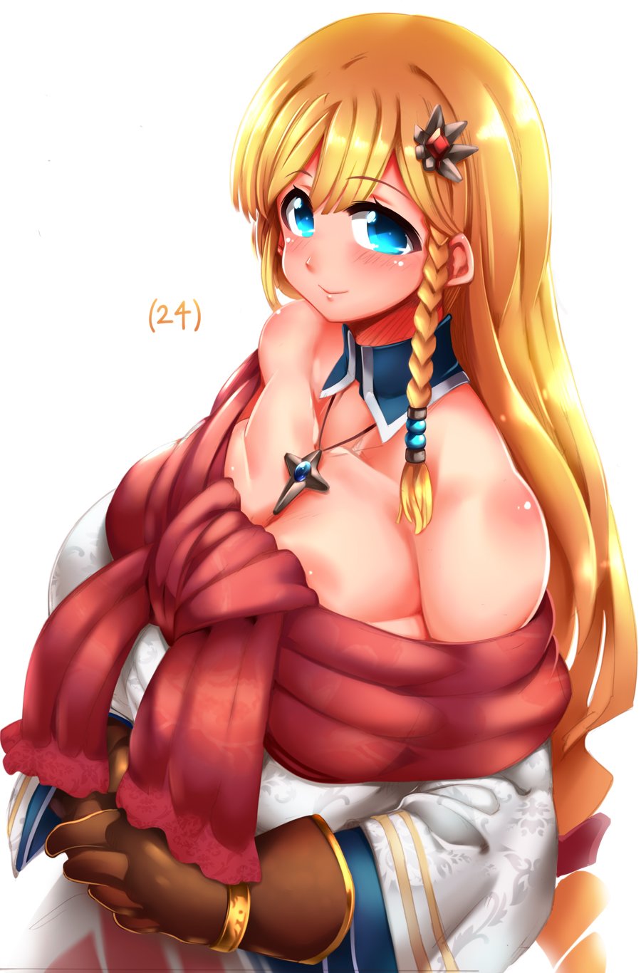 1girl arc_the_lad arc_the_lad_ii bare_shoulders blonde_hair blush braid breasts closed_mouth collarbone dress gloves highres huge_breasts lieza long_hair looking_at_viewer low-tied_long_hair simple_background single_braid smile solo tokyo_(great_akuta) very_long_hair white_background