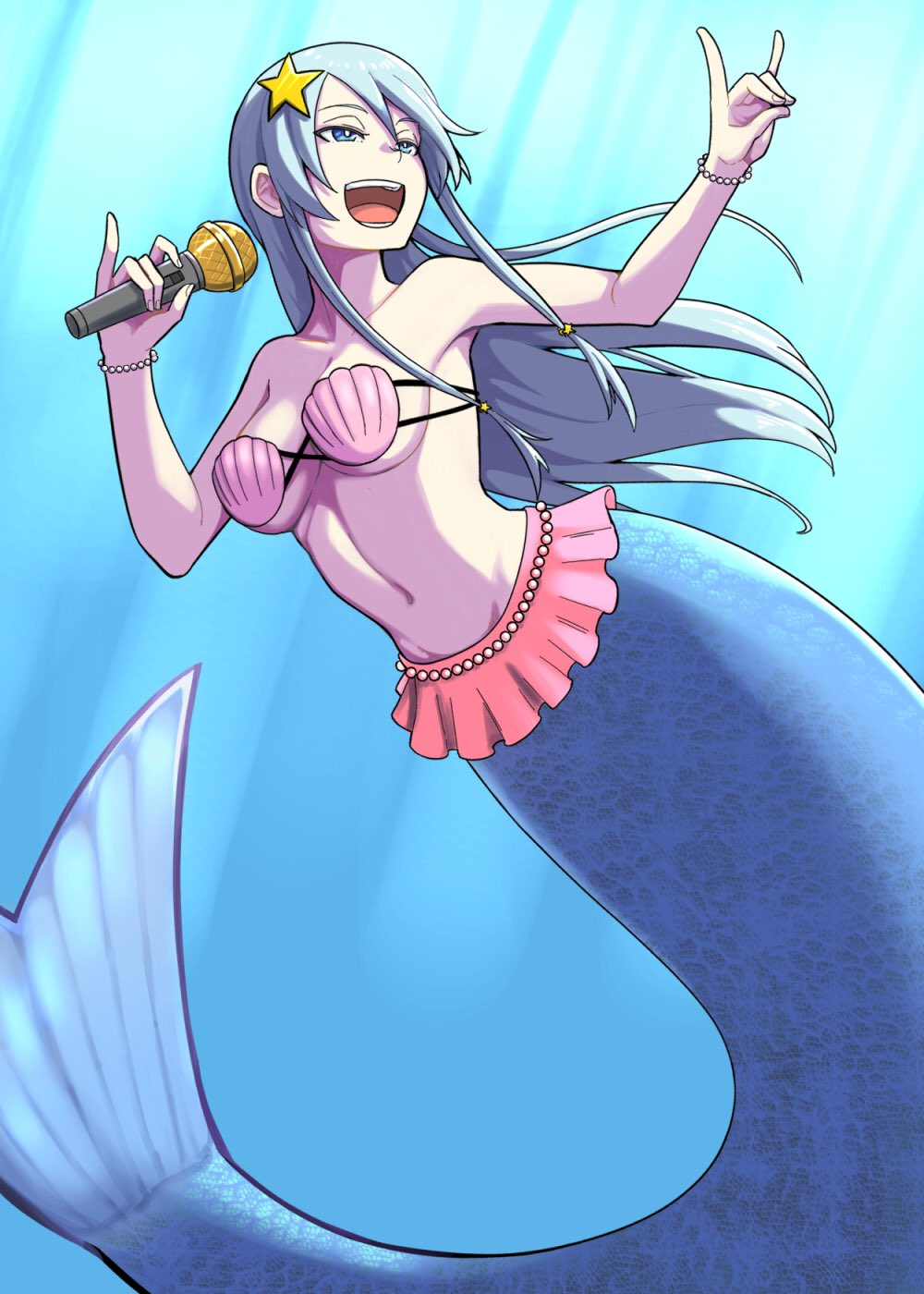1girl :d \n/ bangs belly_chain bikini blue_eyes bracelet breasts flint_(girls_und_panzer) girls_und_panzer hair_ornament half-closed_eyes highres holding holding_microphone jewelry long_hair looking_to_the_side medium_breasts mermaid microphone monster_girl monsterification navel open_mouth pearl_bracelet pink_bikini pinky_out shell shell_bikini silver_hair smile solo star_(symbol) star_hair_ornament strapless strapless_bikini swimsuit underwater yougata