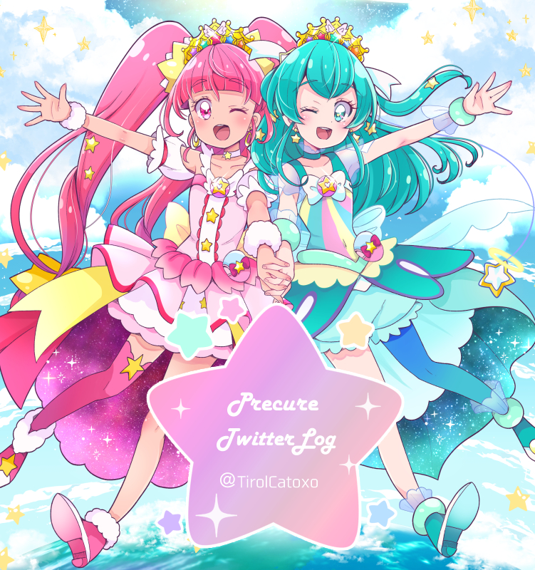 2girls ;d aqua_choker bangs blue_eyes blue_hair blue_legwear blue_shorts blunt_bangs blush choker collarbone copyright_name cure_milky cure_star earrings eyebrows_visible_through_hair floating_hair fur_trim holding_hands interlocked_fingers jewelry juugoya_neko long_hair miniskirt multiple_girls nail_polish one_eye_closed open_mouth outstretched_arm pink_hair pink_legwear pink_nails pink_skirt precure shiny shiny_hair short_shorts short_sleeves shorts single_leg_pantyhose single_thighhigh skirt smile star_(symbol) star_earrings star_twinkle_precure thigh-highs twintails twitter_username very_long_hair white_choker wrist_cuffs