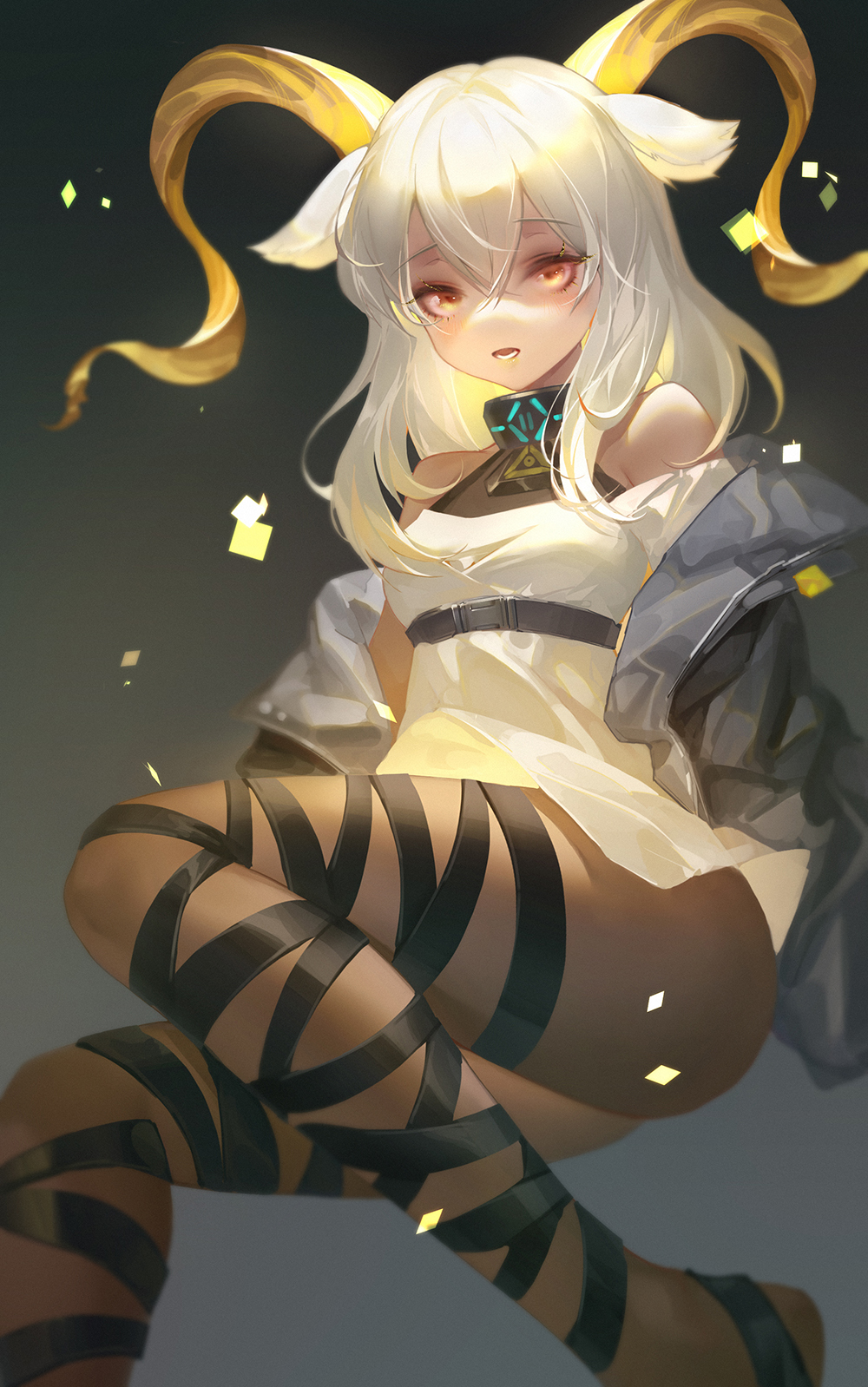 1girl animal_ears arknights bangs bare_shoulders beeswax_(arknights) black_jacket black_ribbon brown_eyes commentary_request dark_skin dress eyebrows_visible_through_hair feet_out_of_frame grey_background hair_between_eyes highres horns jacket leg_ribbon long_hair looking_at_viewer off-shoulder_dress off_shoulder open_clothes open_jacket open_mouth ribbon short_dress silver_hair solo thighs tuzhate white_dress